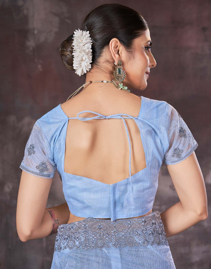 Cloudy Blue Organza Embroidery Embellished  Saree