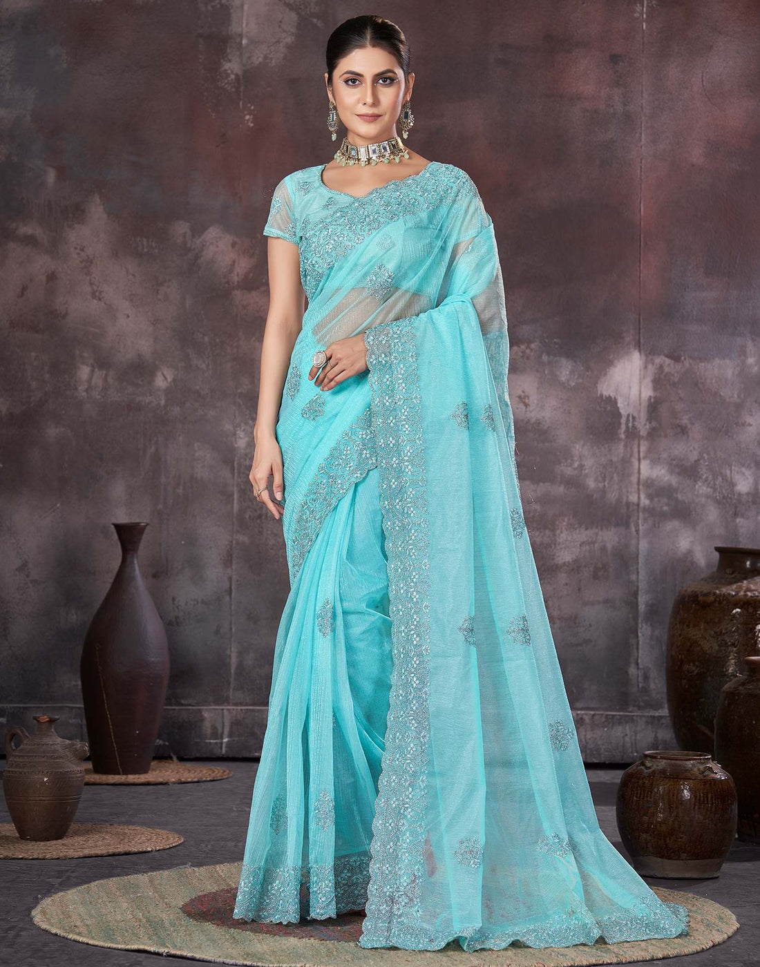 Turquoise Organza Embroidery Embellished Saree