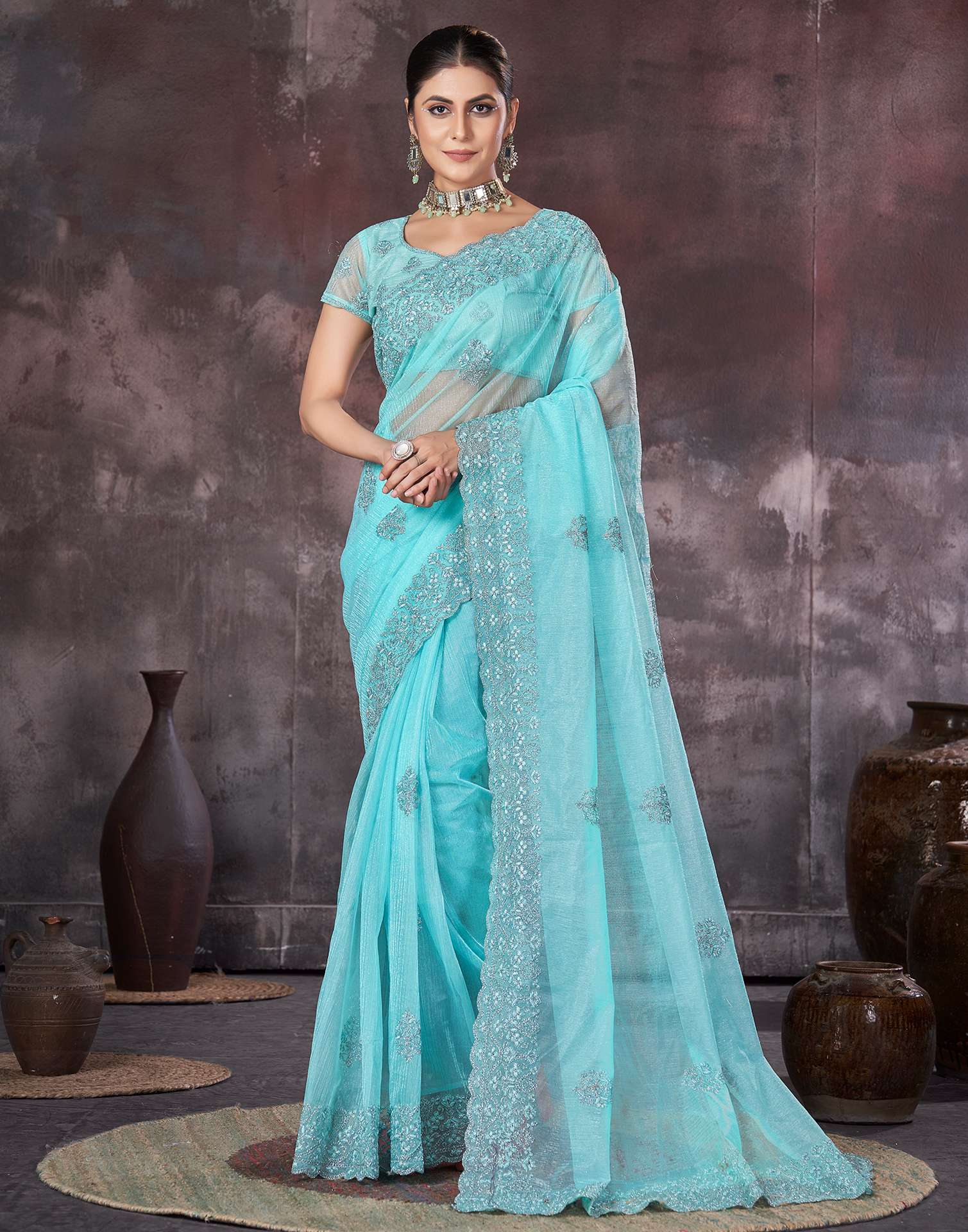 Light Blue Organza Embroidery Embellished  Saree