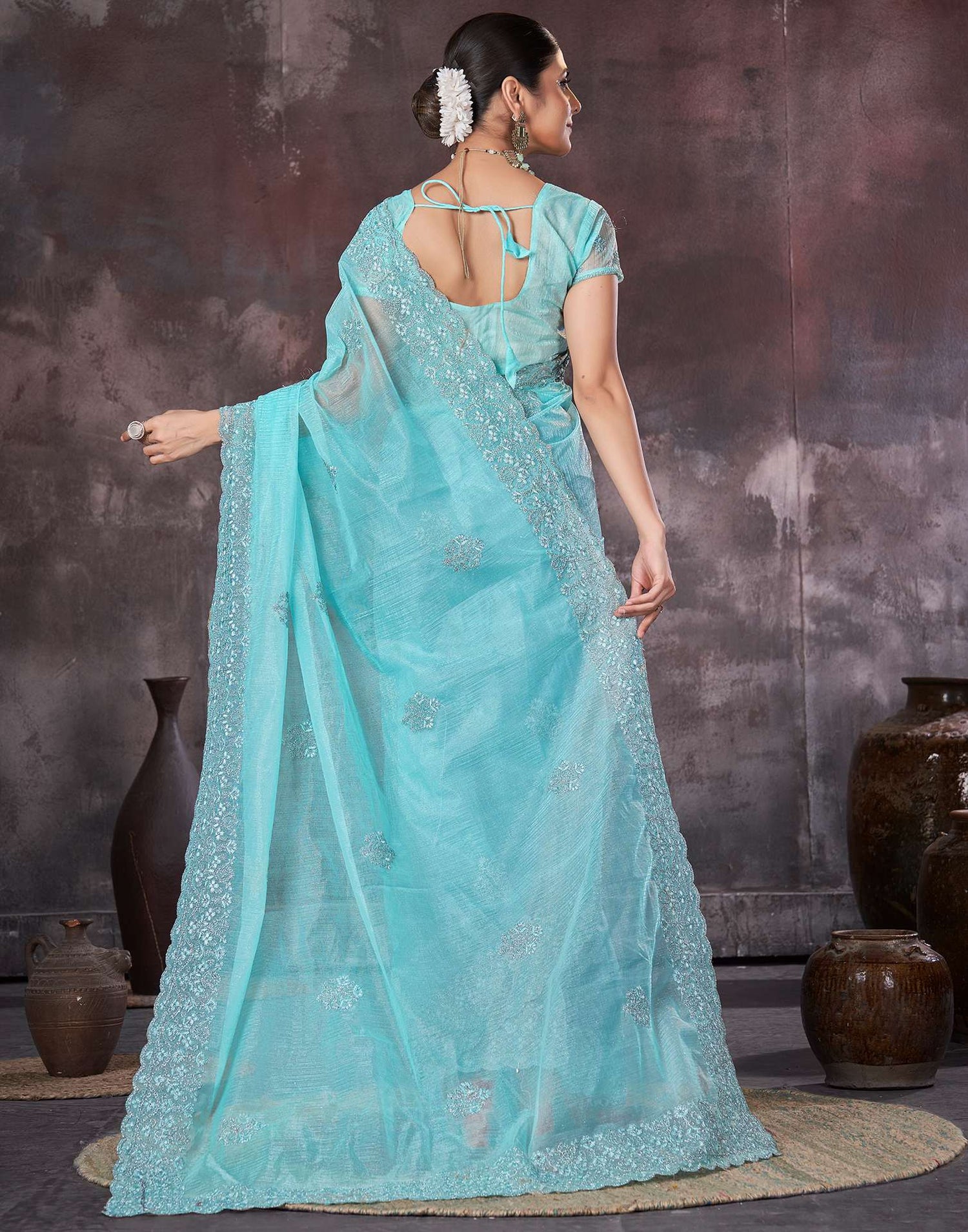 Light Blue Organza Embroidery Embellished  Saree