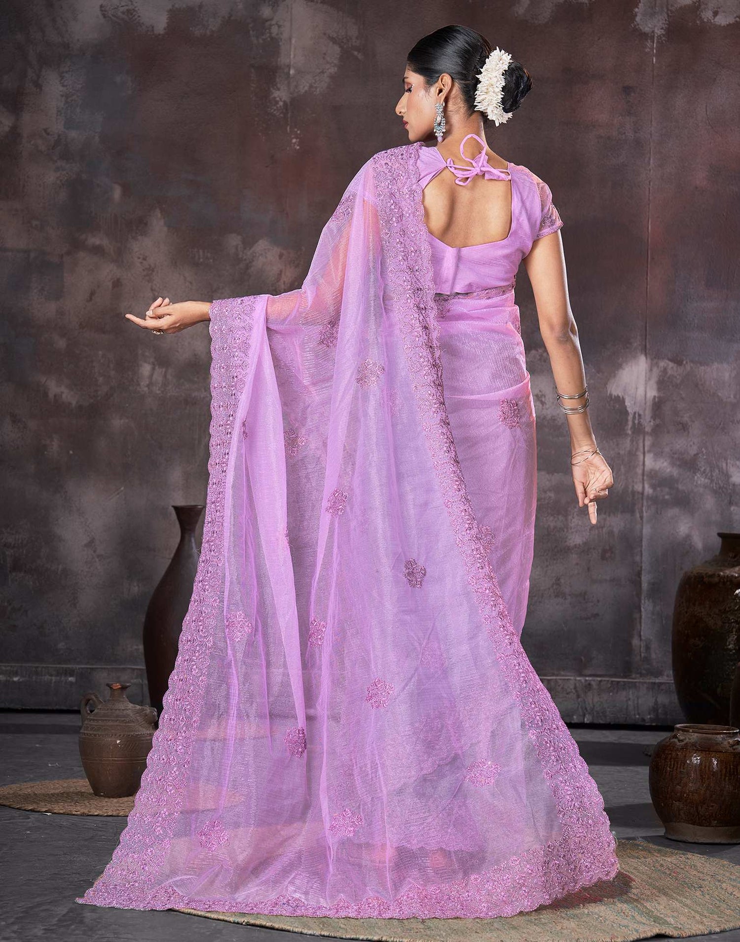 Lavender Organza Embroidery Embellished Saree