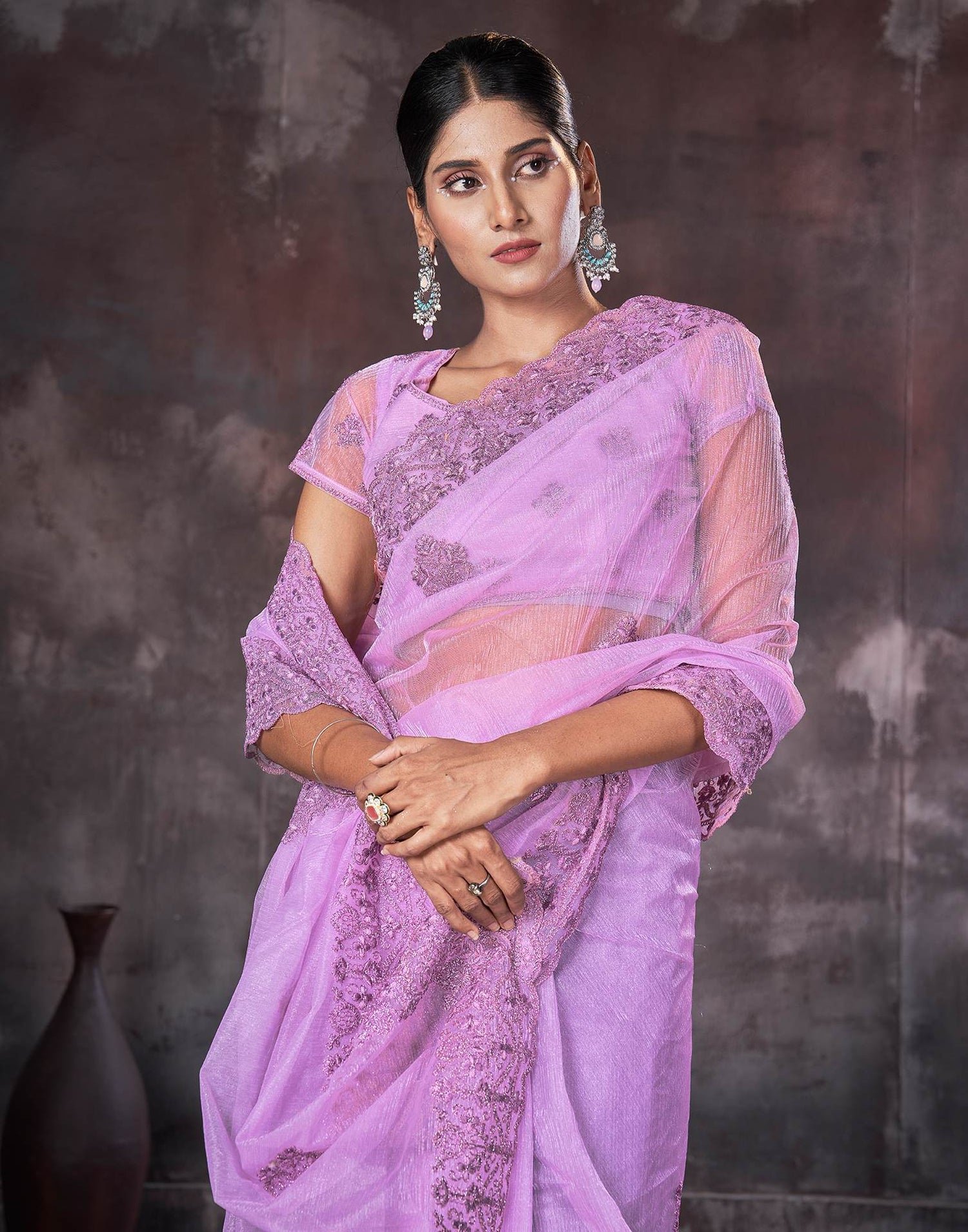 Lavender Organza Embroidery Embellished Saree