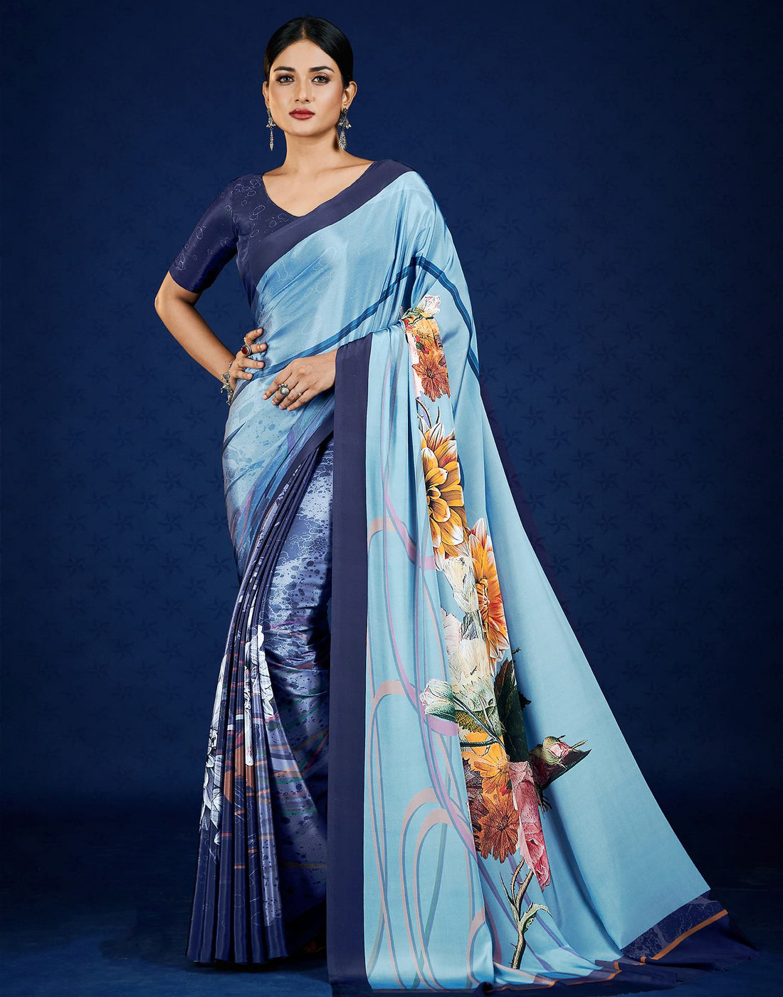 Blue Polyester  Printed Printed Saree