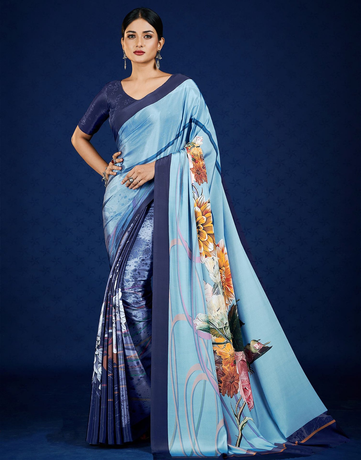 Blue Polyester  Printed Printed Saree