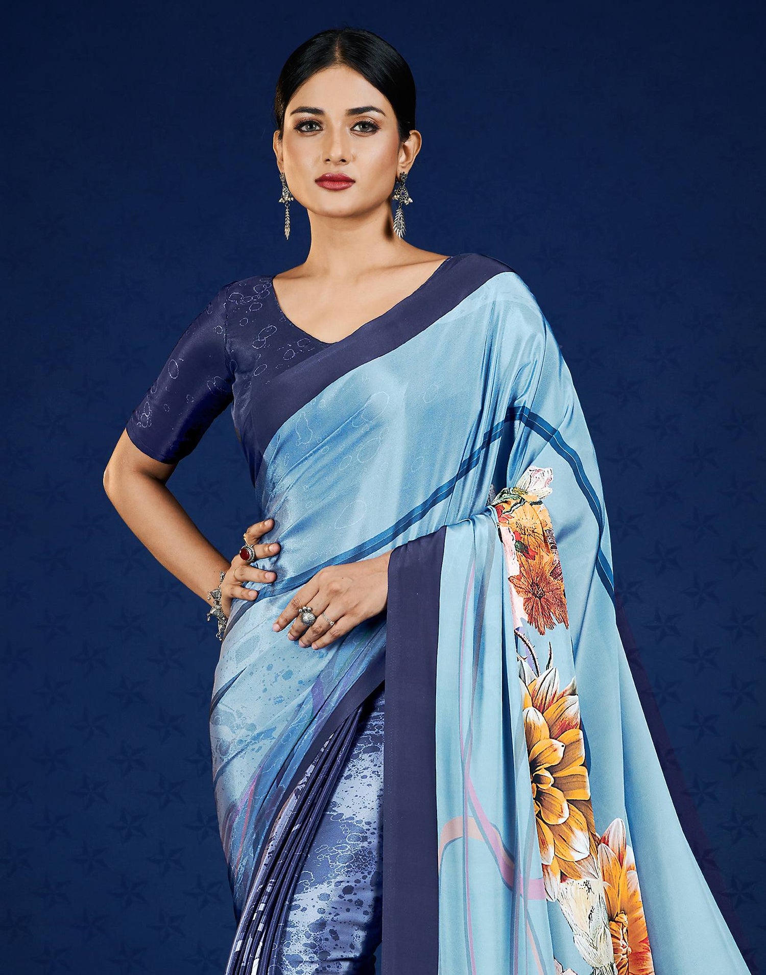Blue Polyester  Printed Printed Saree