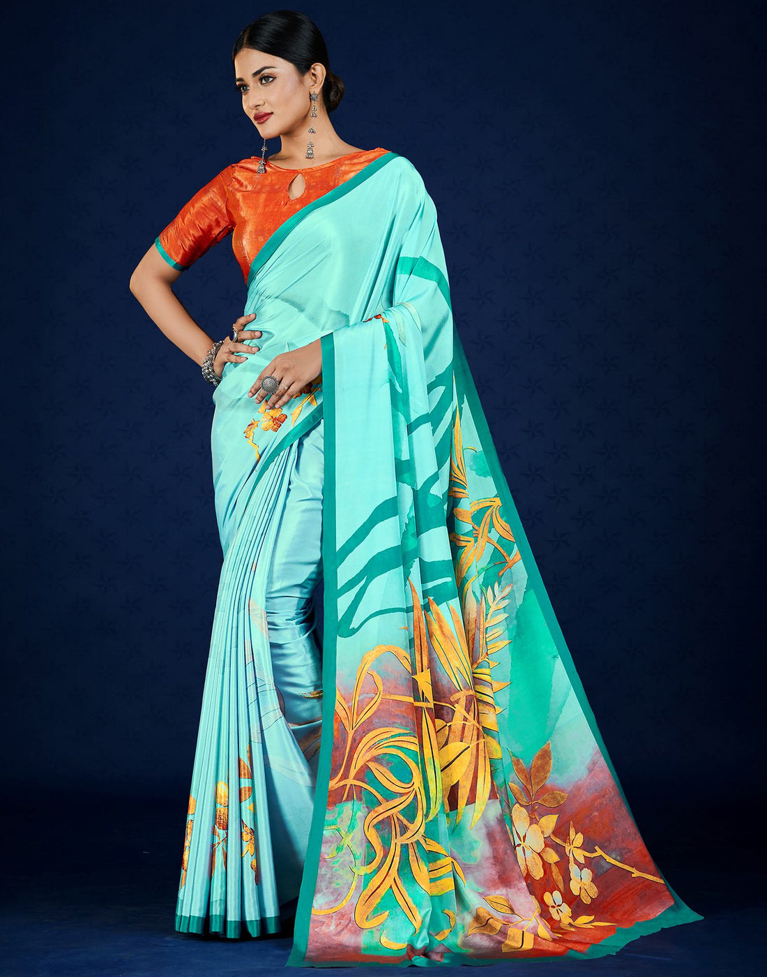 Turquoise Polyester  Printed Printed Saree