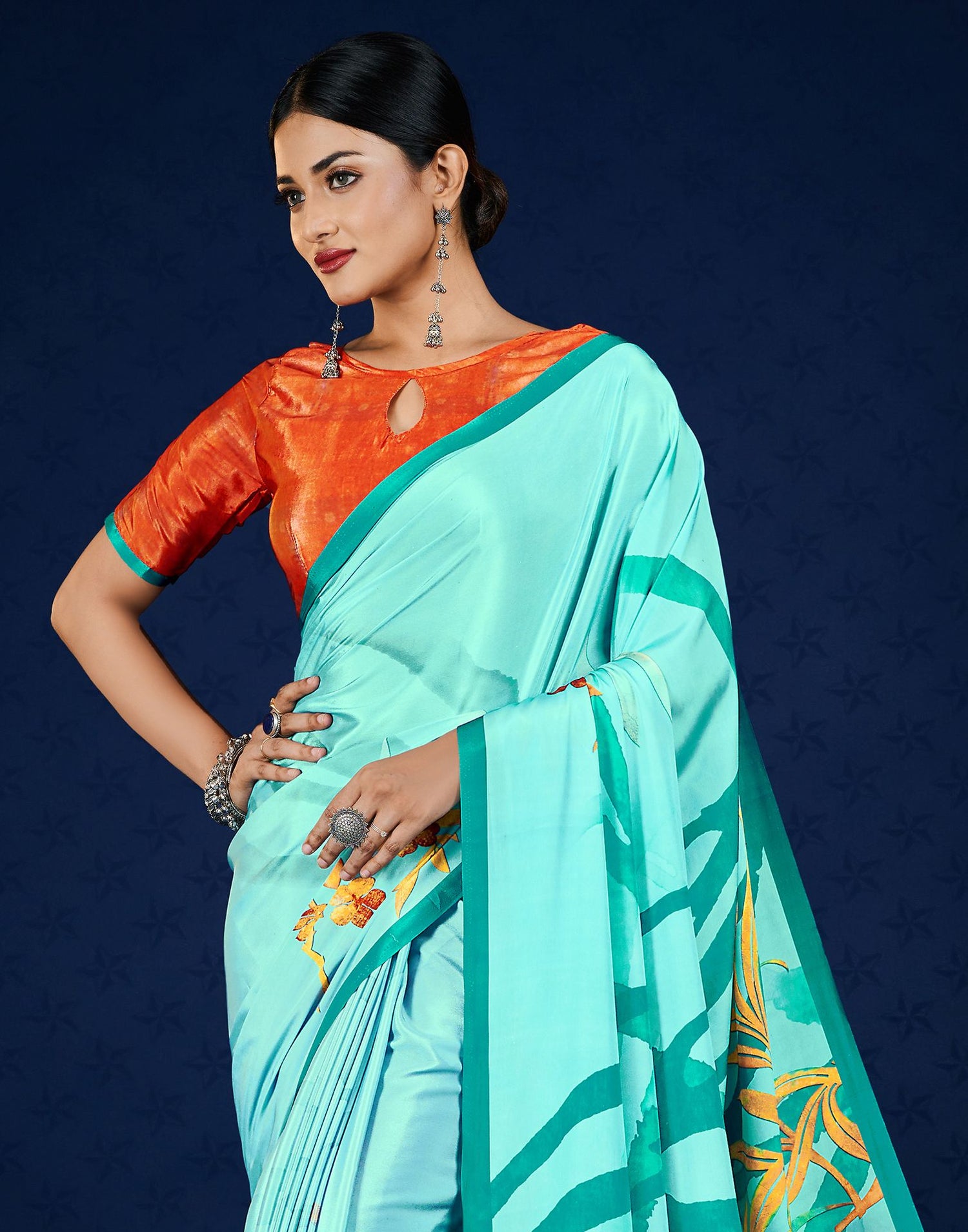 Turquoise Polyester  Printed Printed Saree
