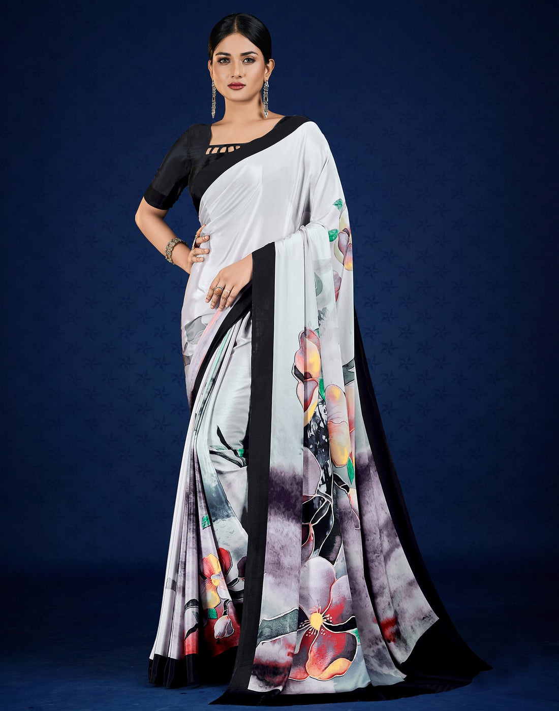 Grey Polyester  Printed Printed Saree