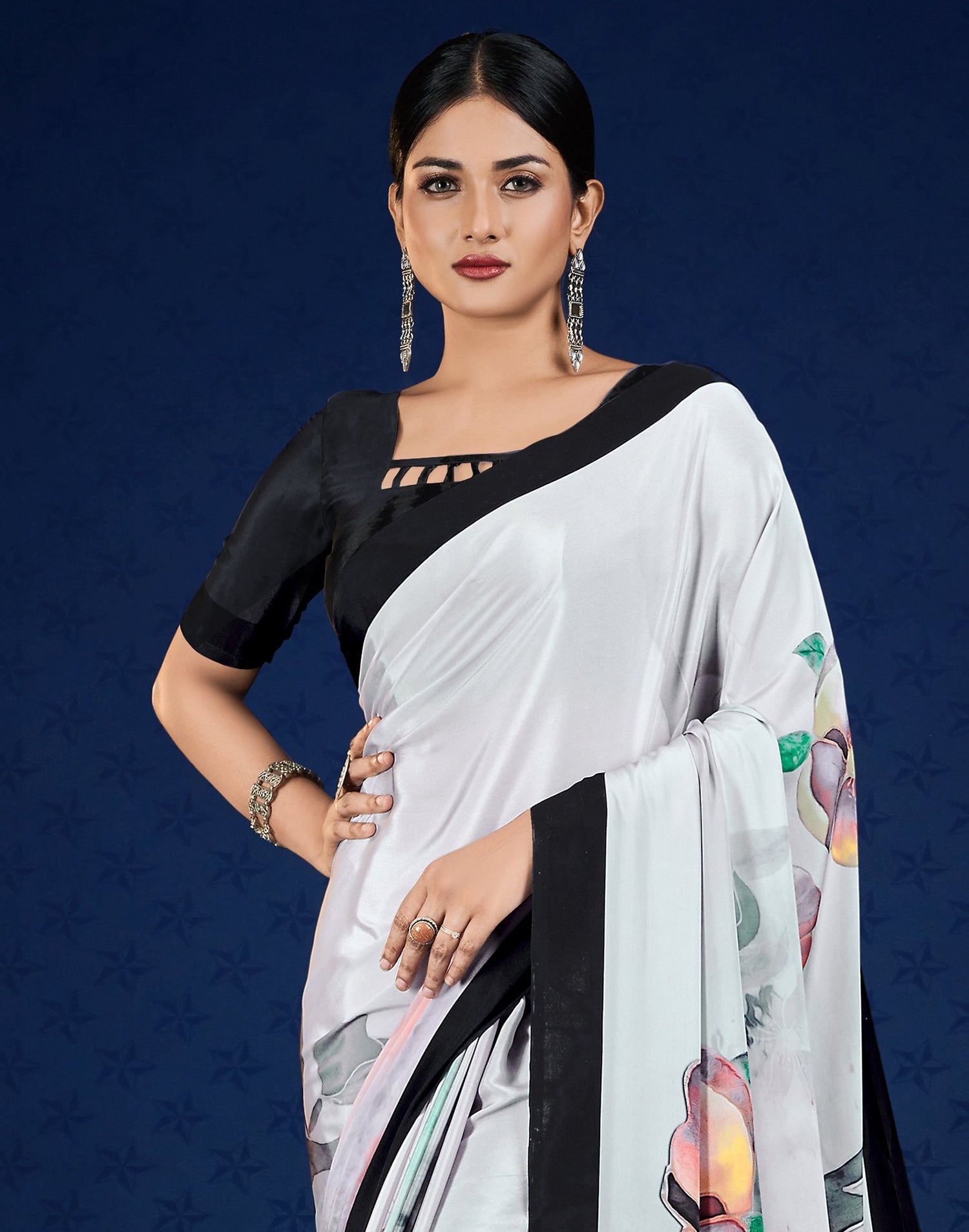 Grey Polyester  Printed Printed Saree