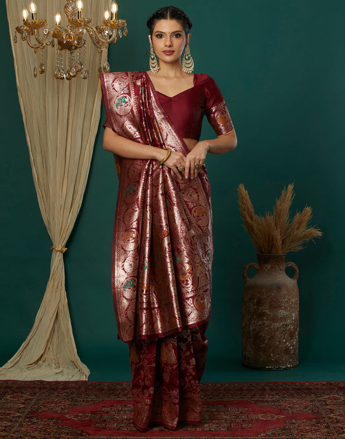 Maroon Silk Blend Woven Banarasi  Saree