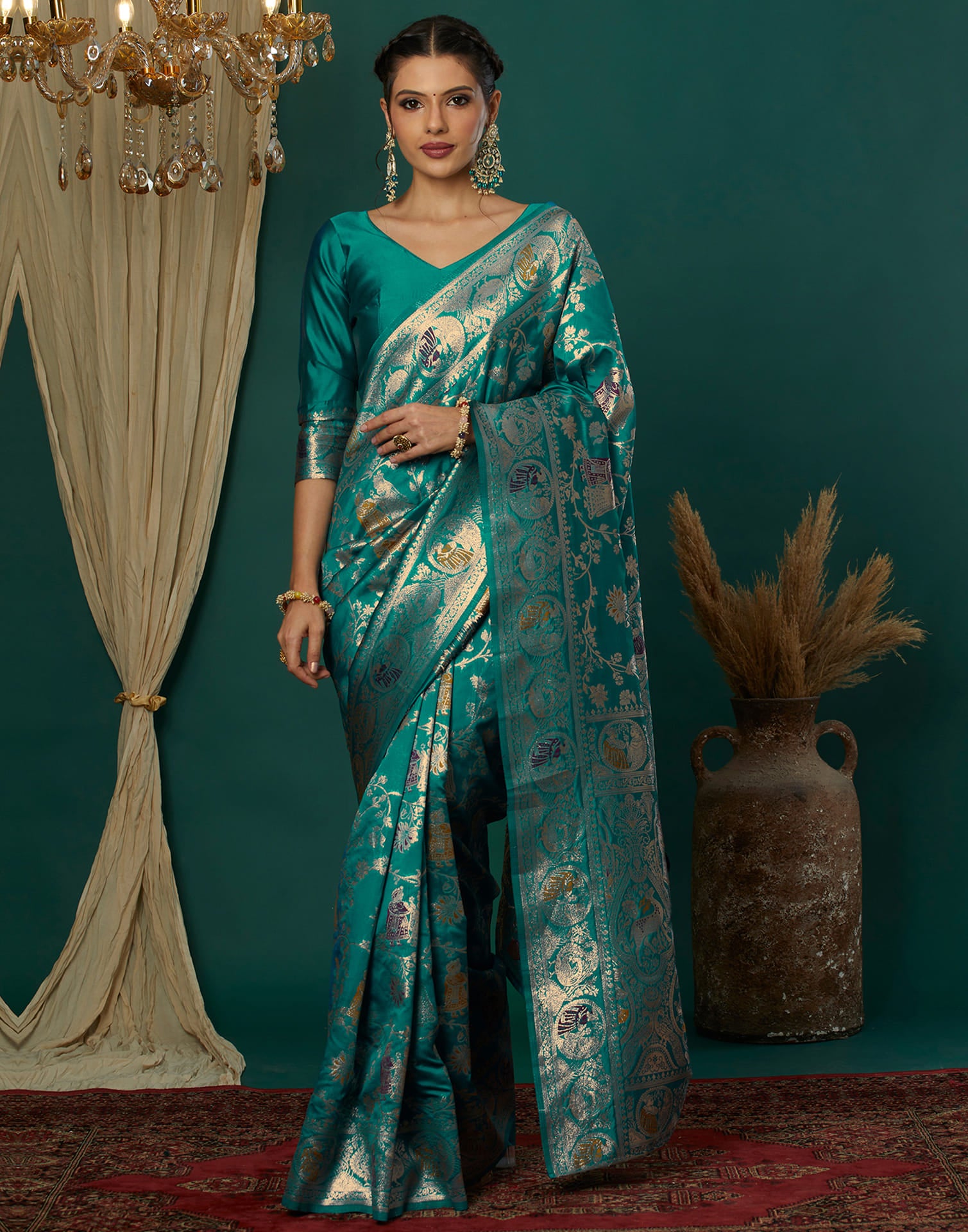 Teal Green Silk Weaving Banarasi Saree