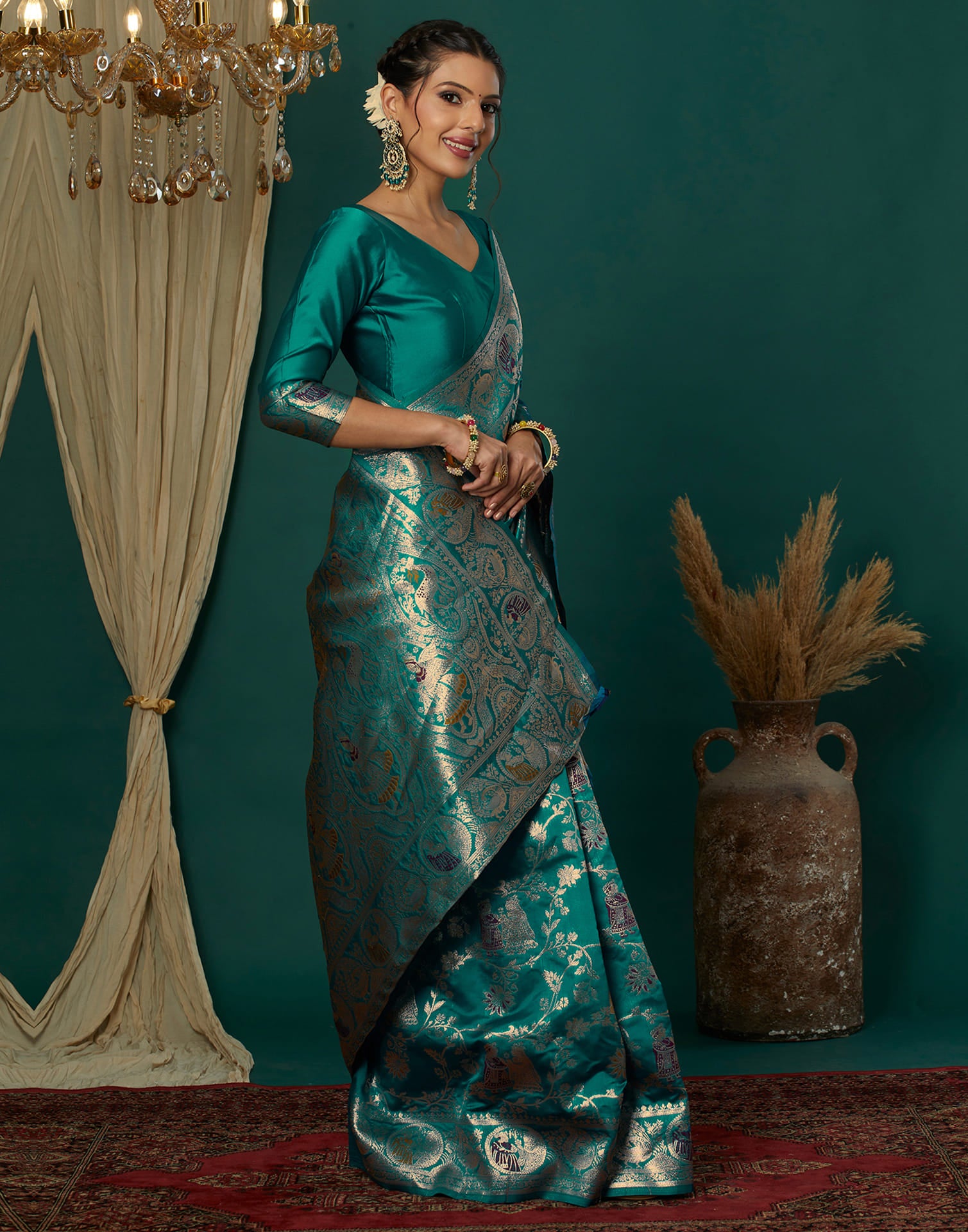 Teal Green Silk Weaving Banarasi Saree