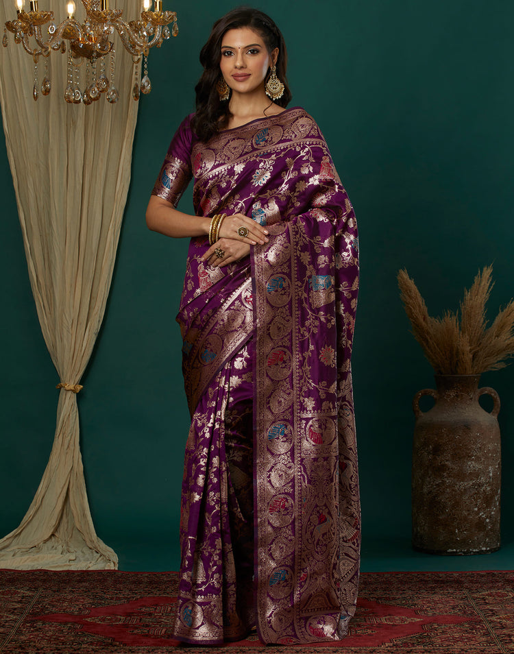 Wine Silk Blend Woven Banarasi  Saree