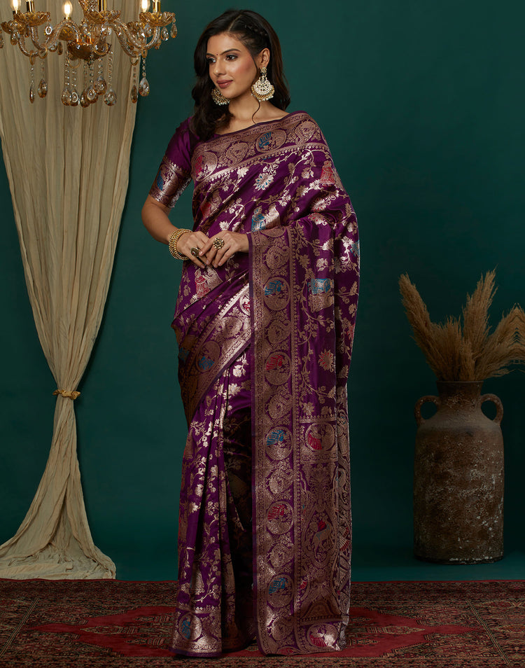 Wine Silk Blend Woven Banarasi  Saree