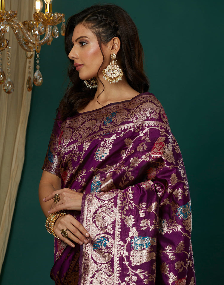 Wine Silk Blend Woven Banarasi  Saree