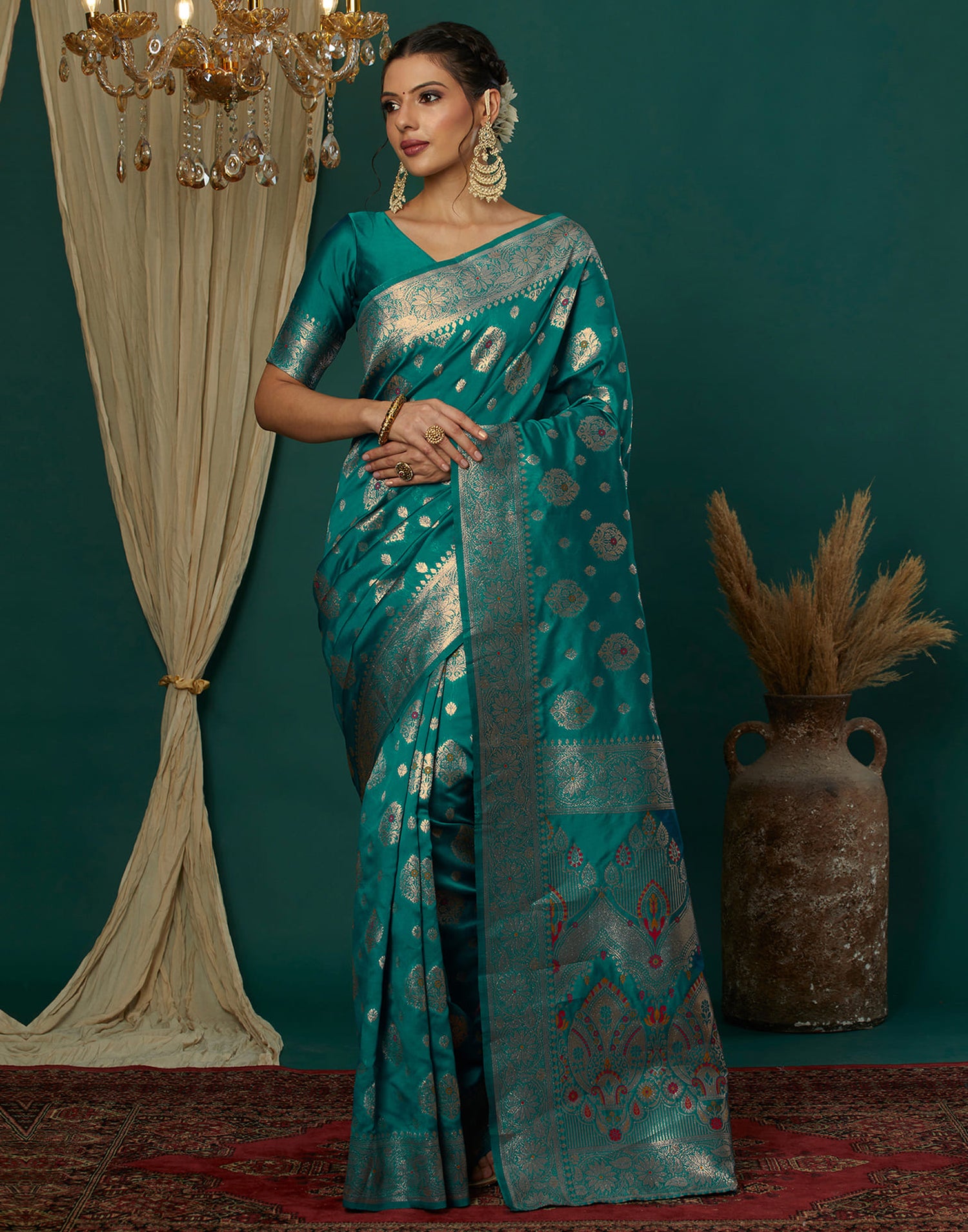 Teal Green Silk Weaving Banarasi Saree