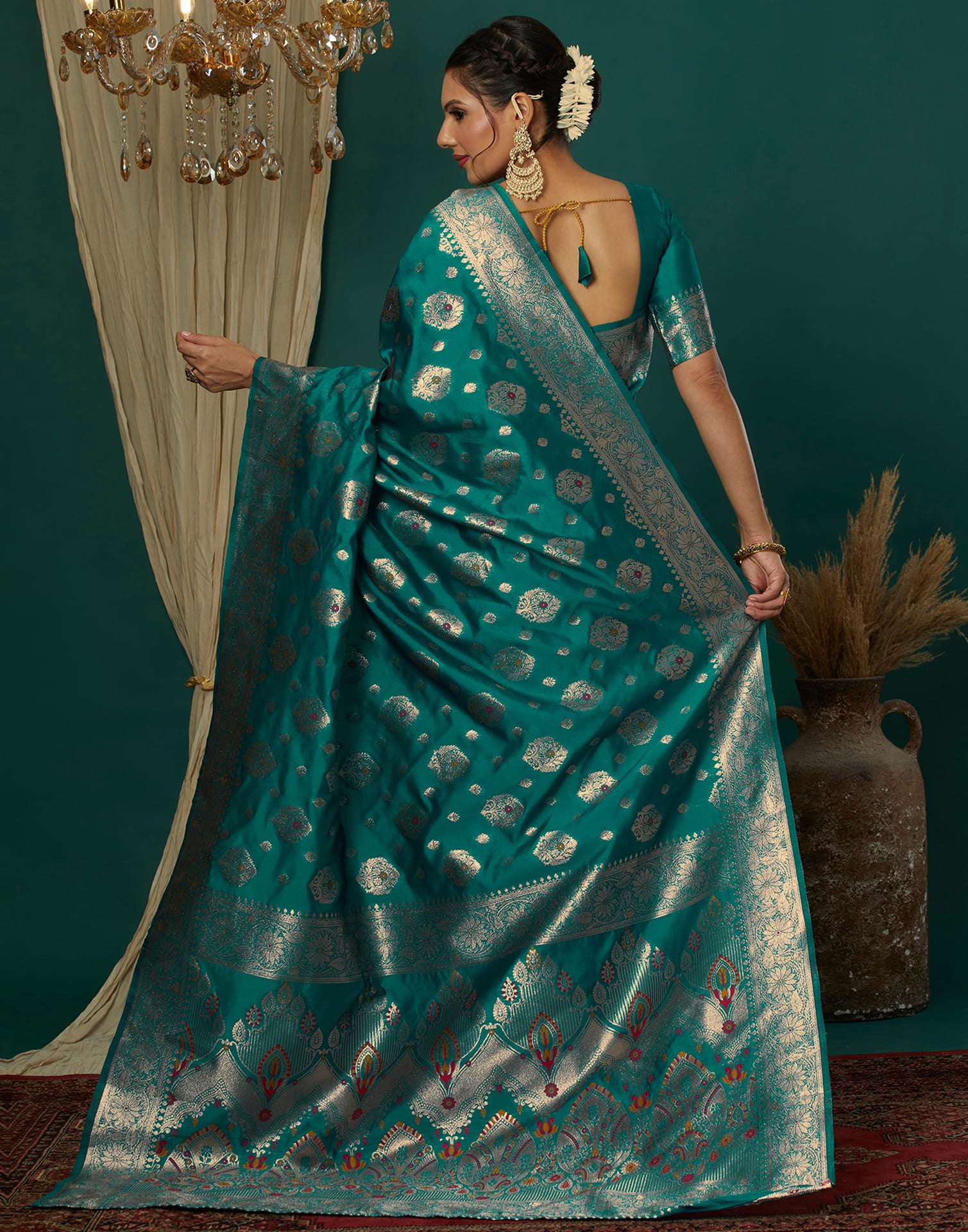 Teal Green Silk Weaving Banarasi Saree