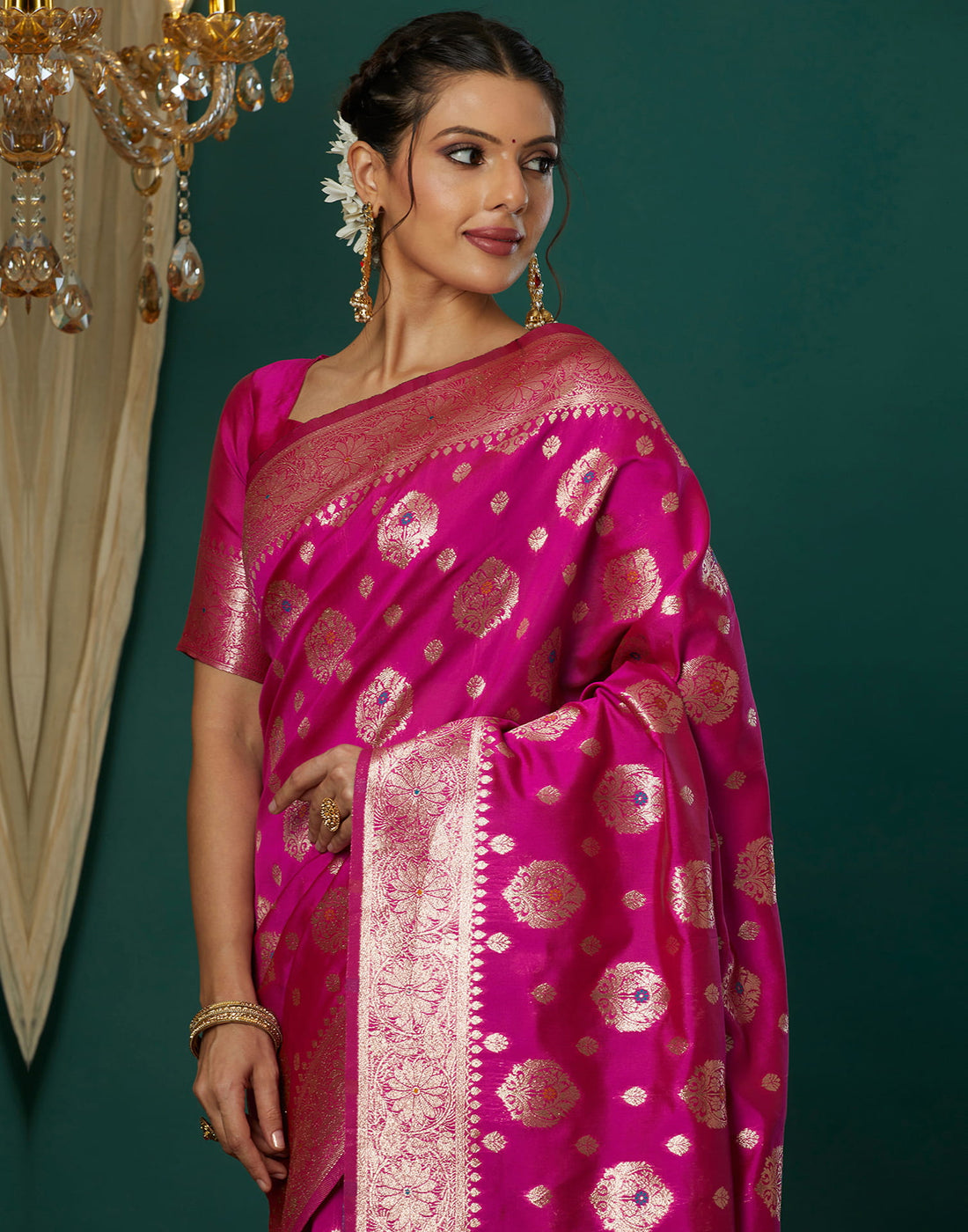 Pink Silk Blend Woven Banarasi  Saree