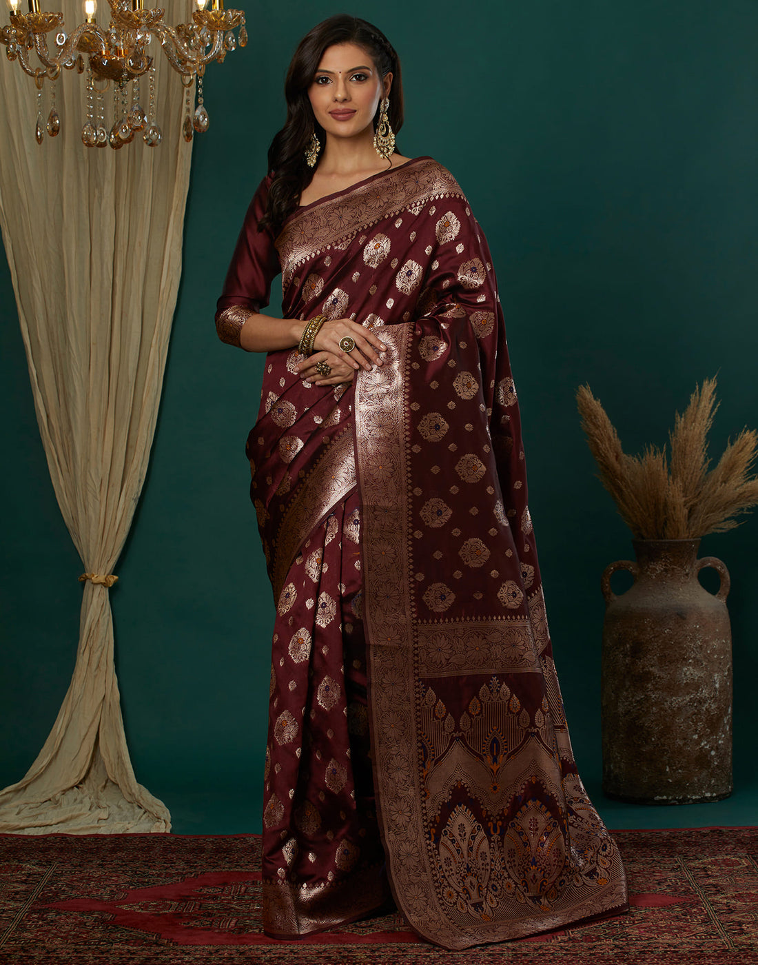 Maroon Silk Blend Woven Banarasi  Saree