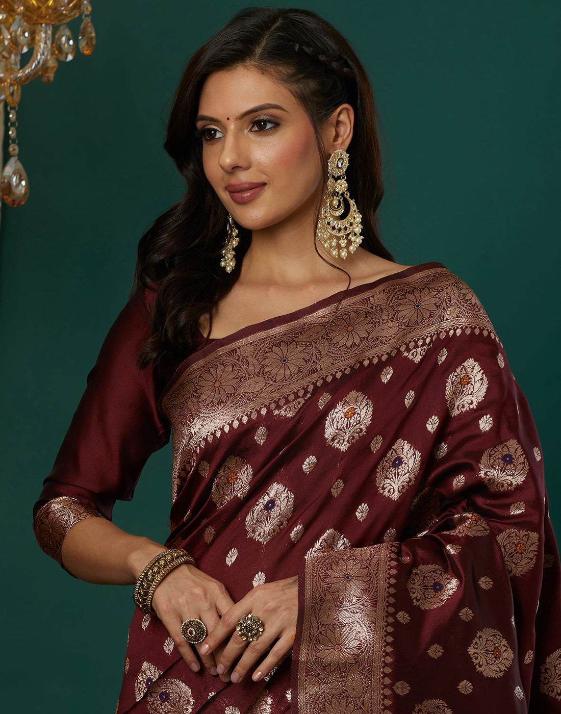 Maroon Silk Blend Woven Banarasi  Saree