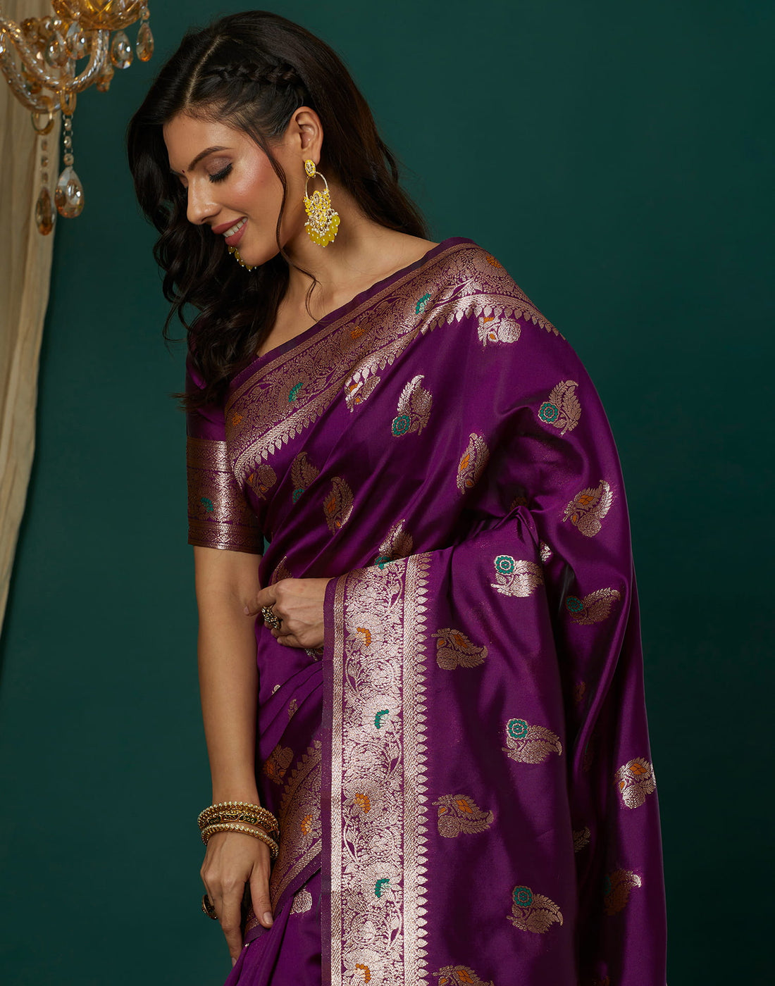 Purple Silk Blend Woven Banarasi Saree