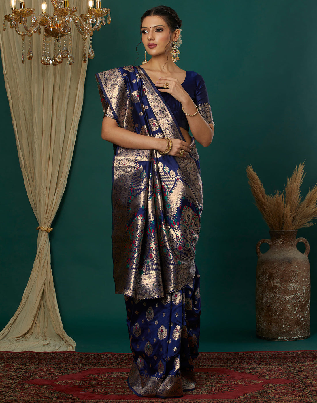 Blue Silk Blend Woven Banarasi Saree
