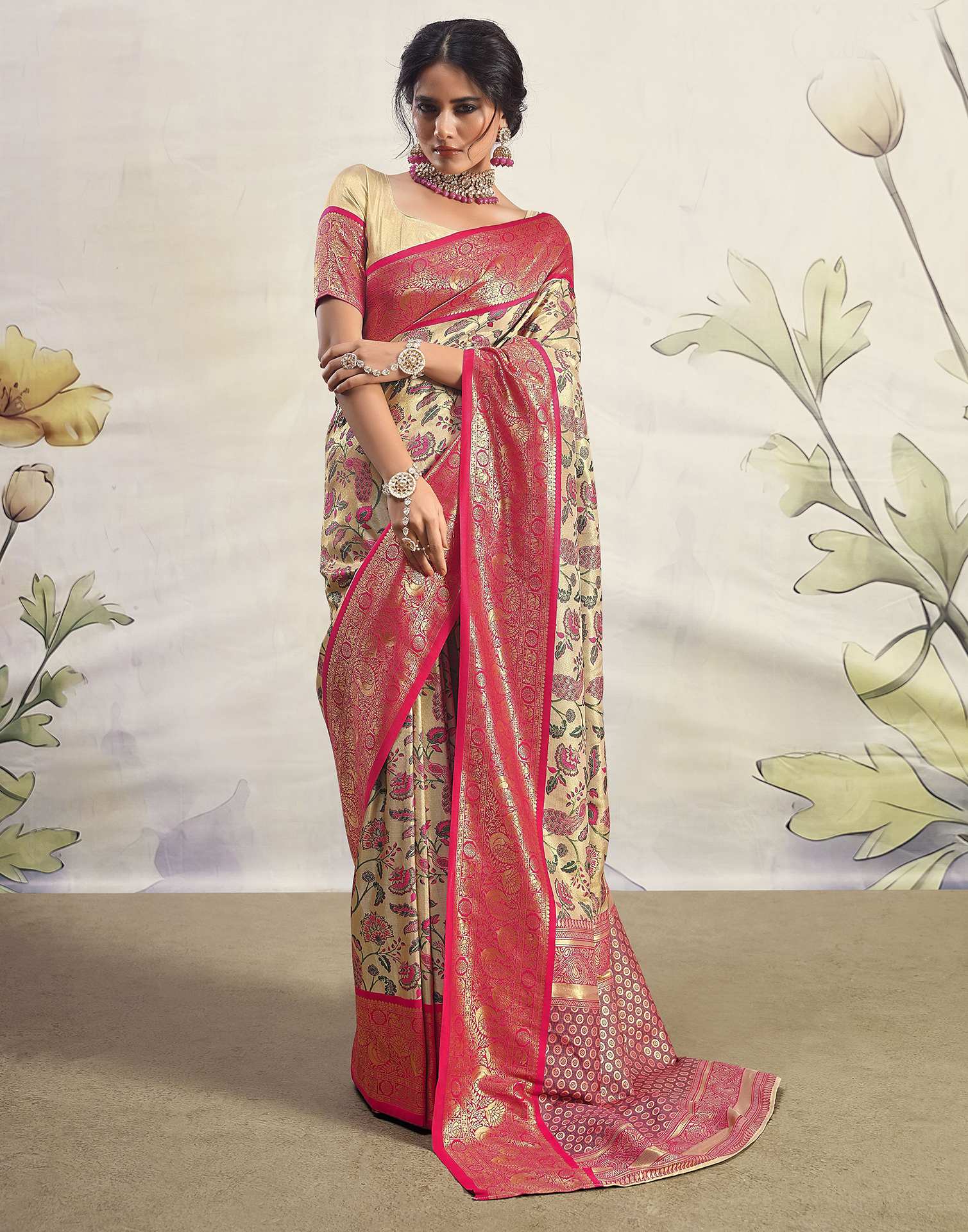 Bright Pink Silk Weaving Banarasi Saree