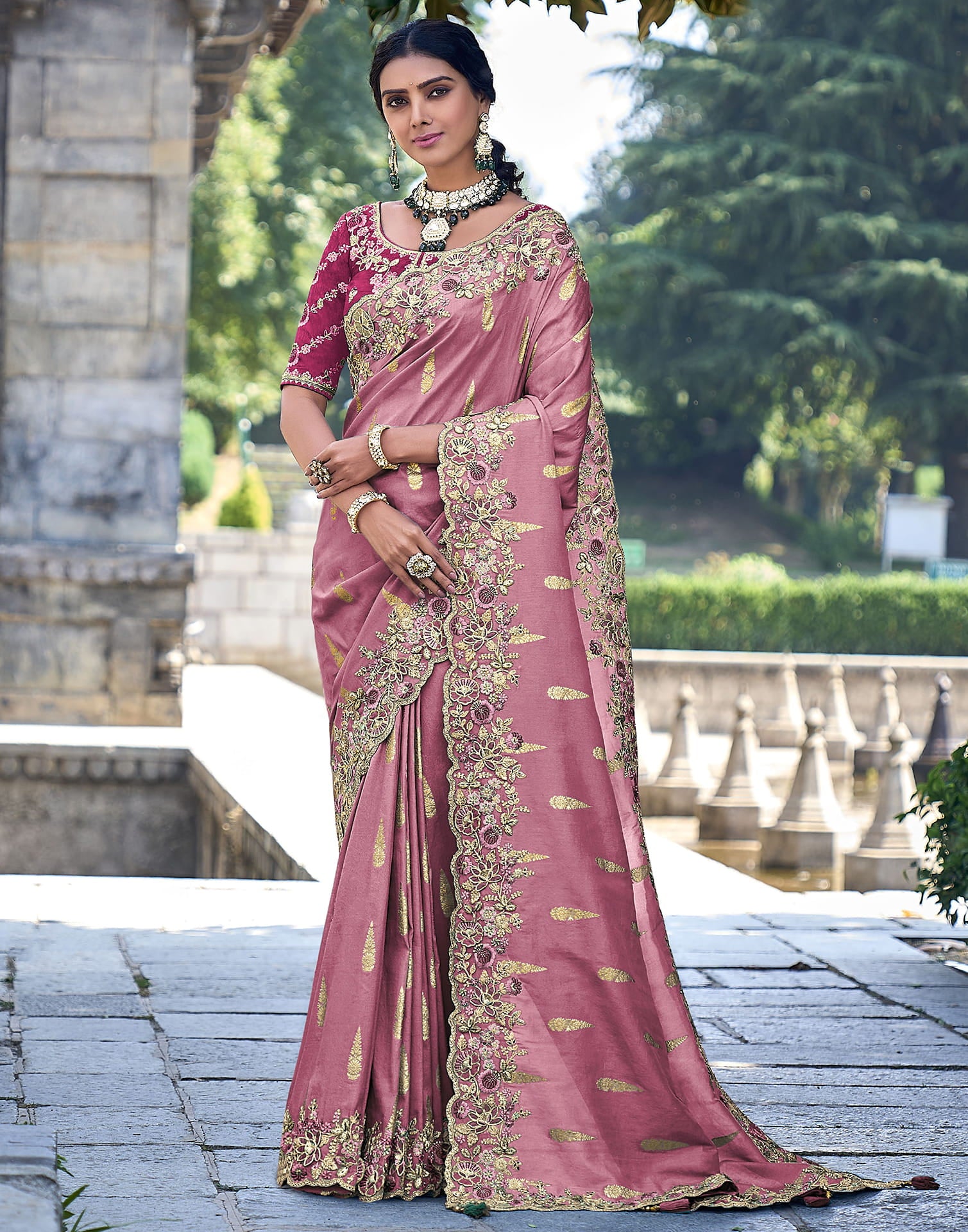 Dusty Pink Silk Weaving Embroidery Saree