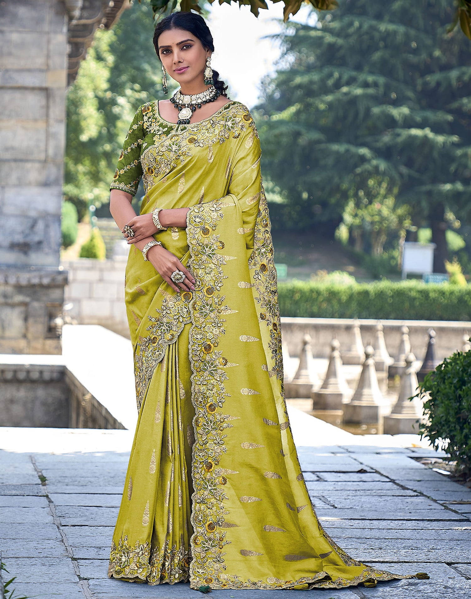 Lime Green Silk Weaving Embroidery Saree