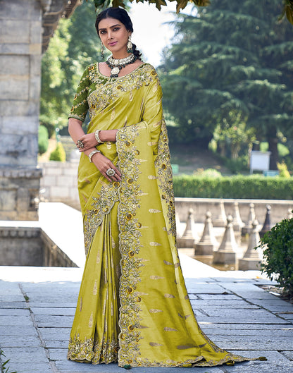 Lime Green Silk Weaving Embroidery Saree