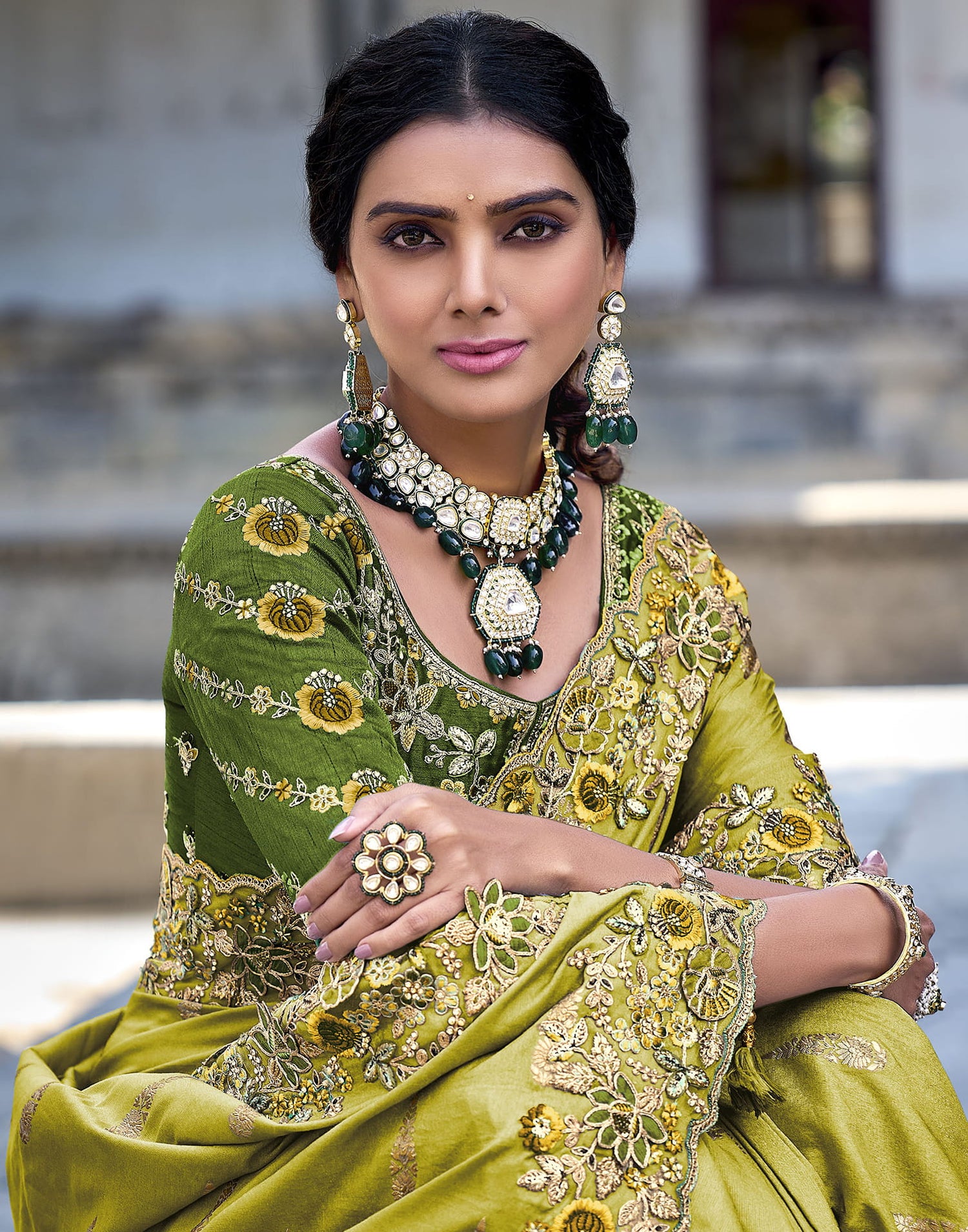 Lime Green Silk Weaving Embroidery Saree