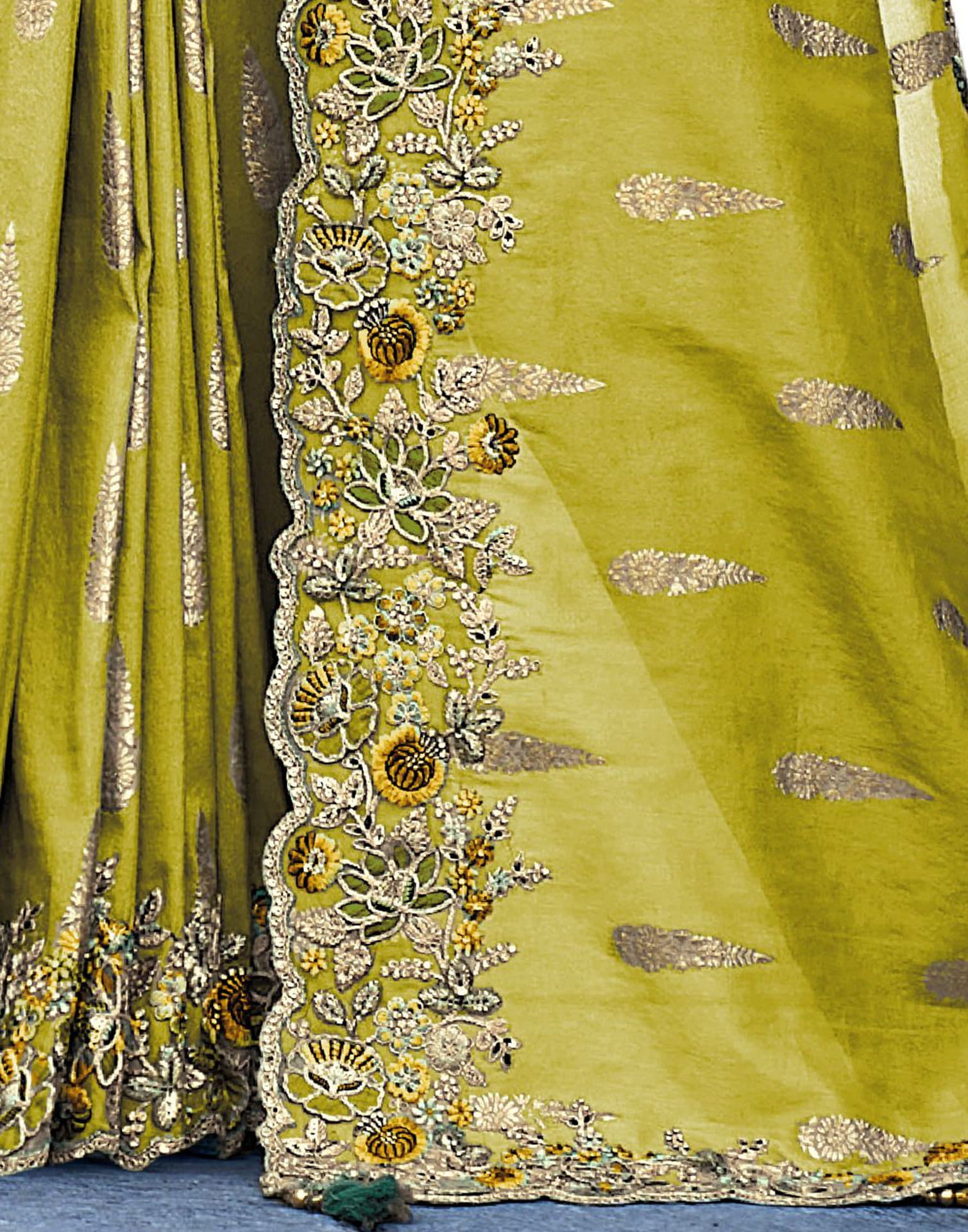 Lime Green Silk Weaving Embroidery Saree