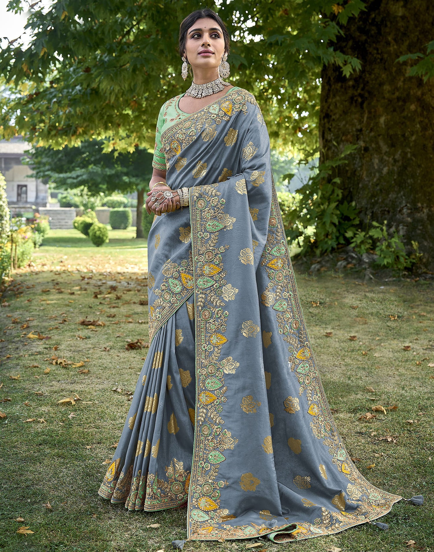 Grey Silk Weaving Embroidery Saree