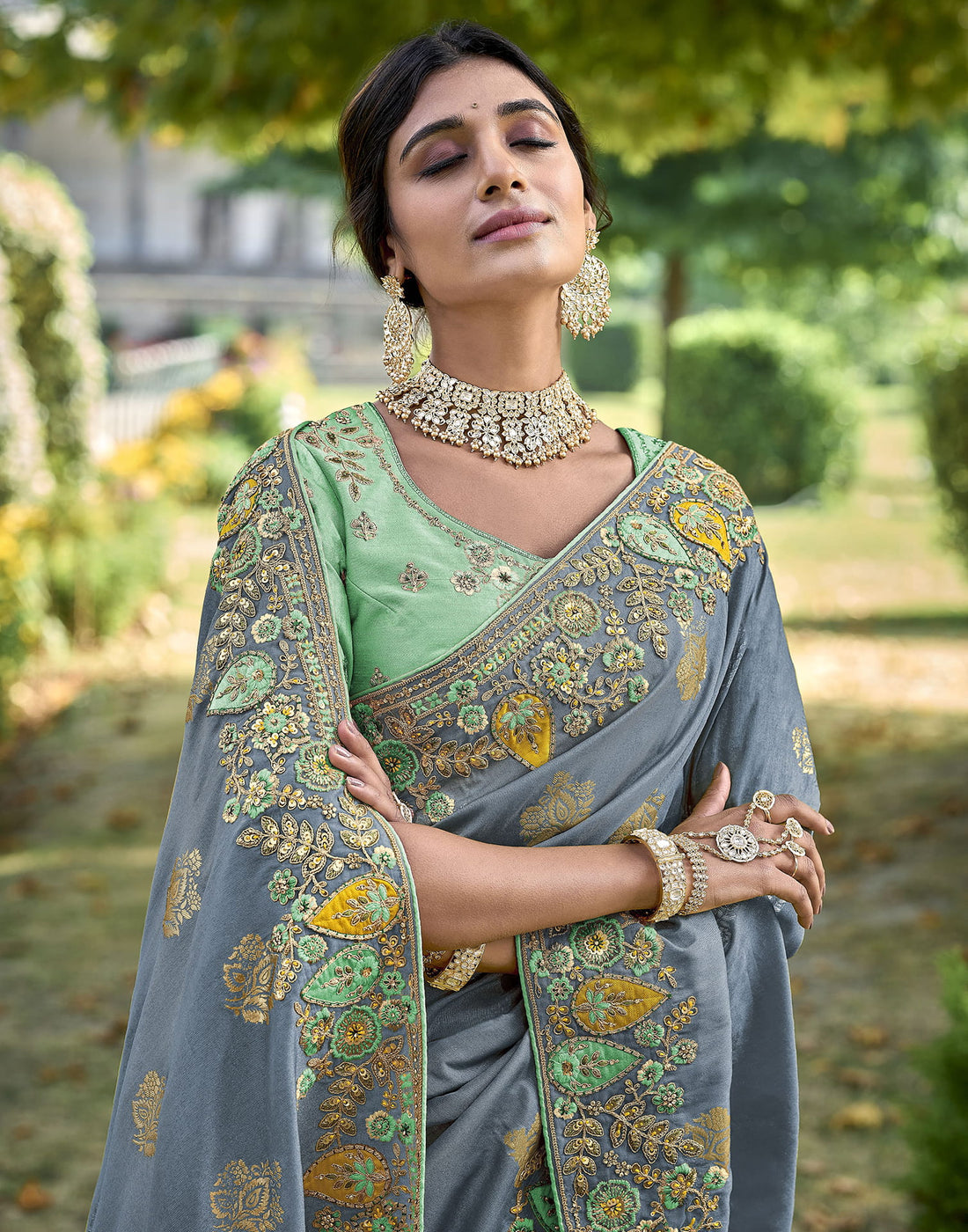 Grey Silk Weaving Embroidery Saree