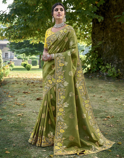 Olive Green Silk Weaving Embroidery Saree