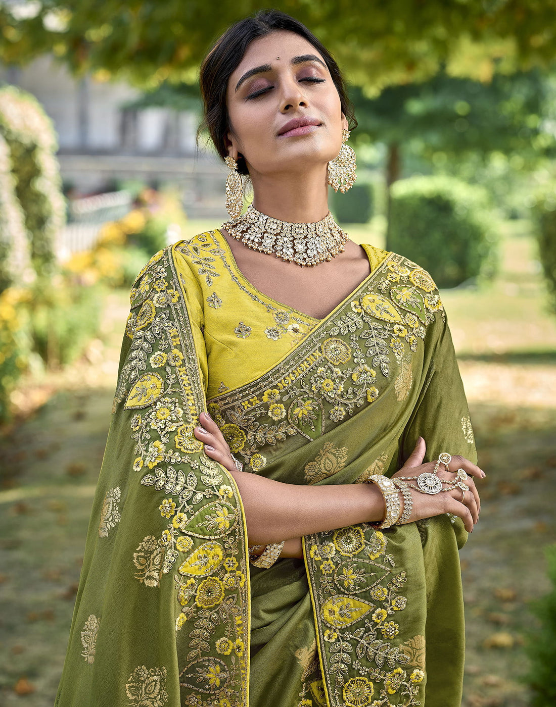 Olive Green Silk Weaving Embroidery Saree