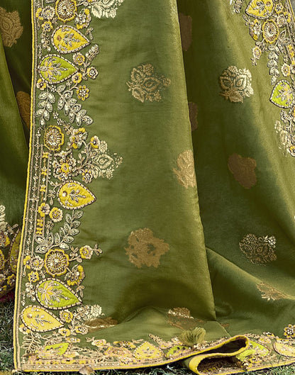 Olive Green Silk Weaving Embroidery Saree