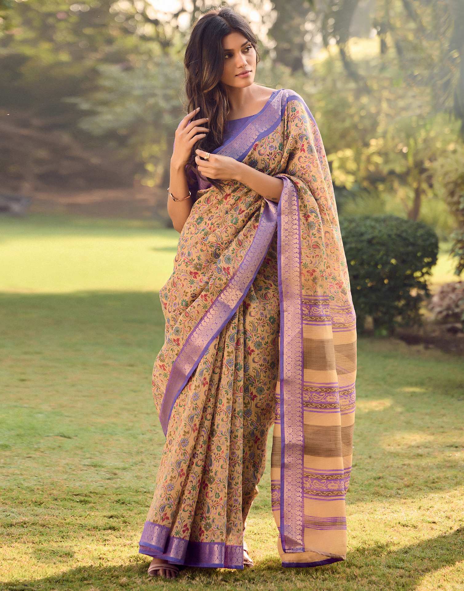 Beige Cotton Silk Printed Saree