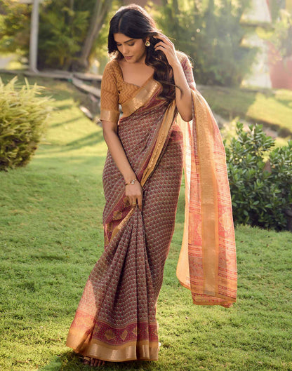 Duul Brown Cotton Silk Printed Saree