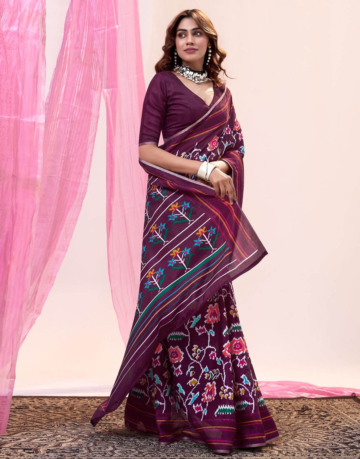 Wine Cotton Silk Printed Saree