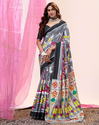 Grey Cotton Silk Printed Saree