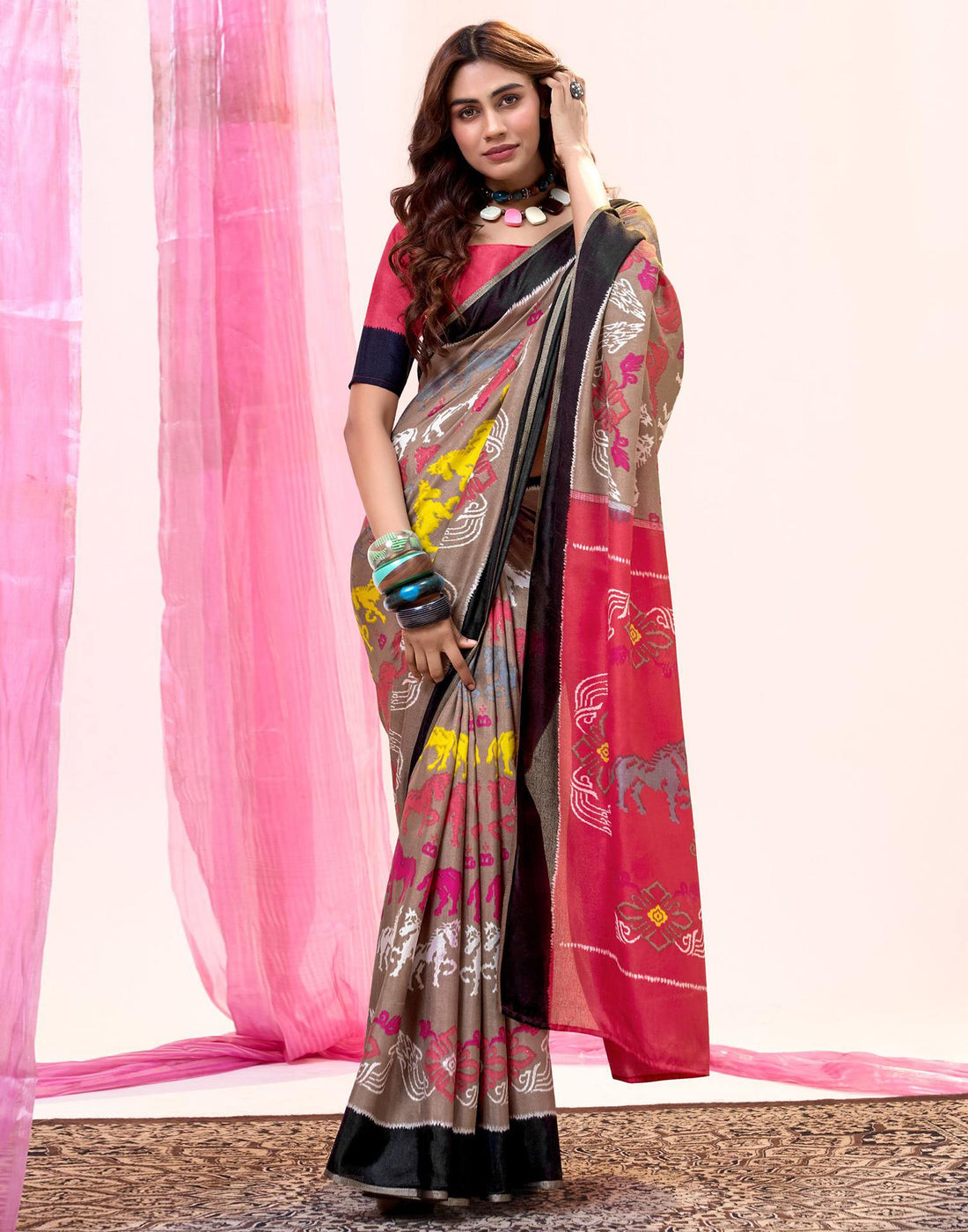 Dull Brown Cotton Silk Printed Saree