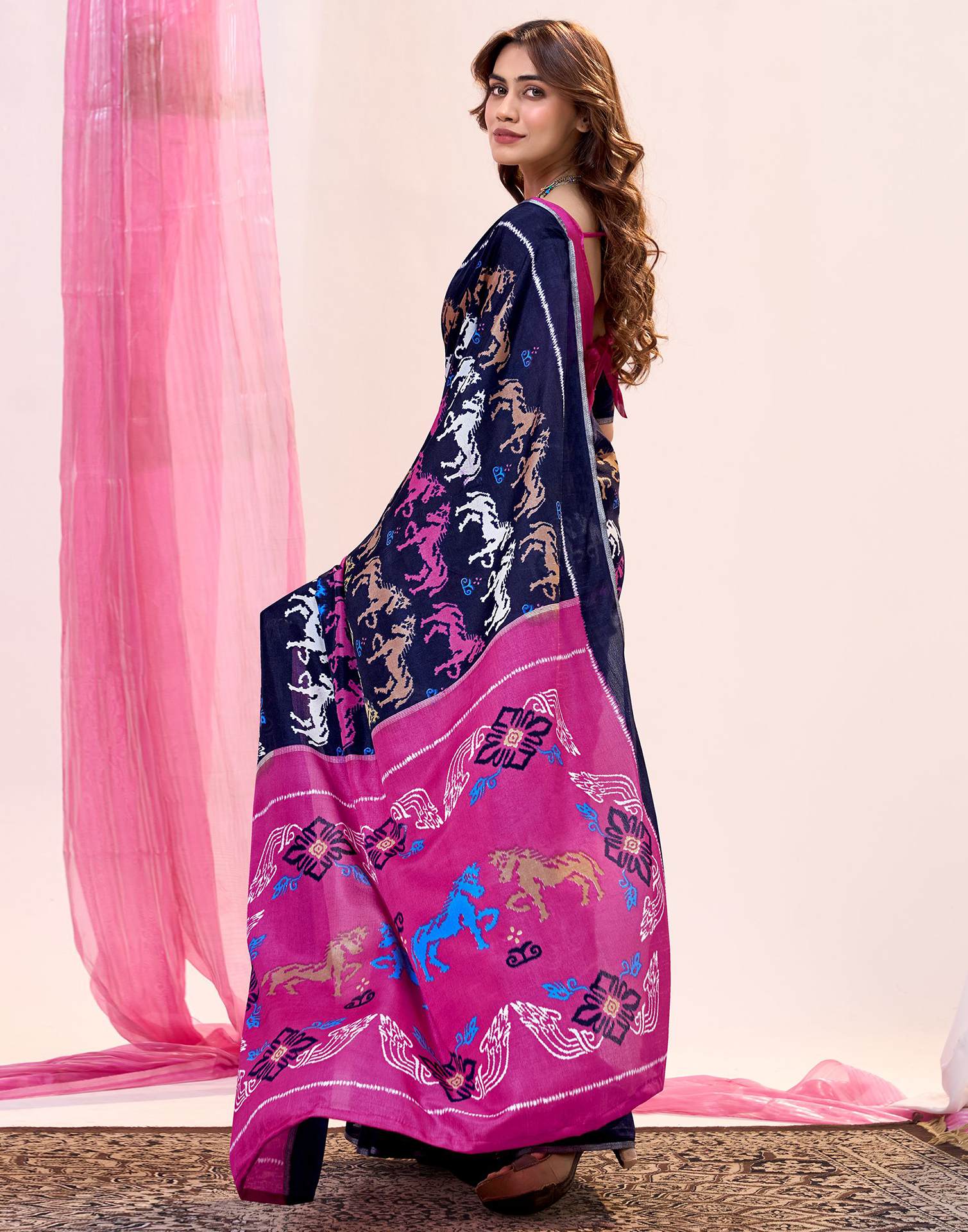 Navy Blue Cotton Silk Printed Saree