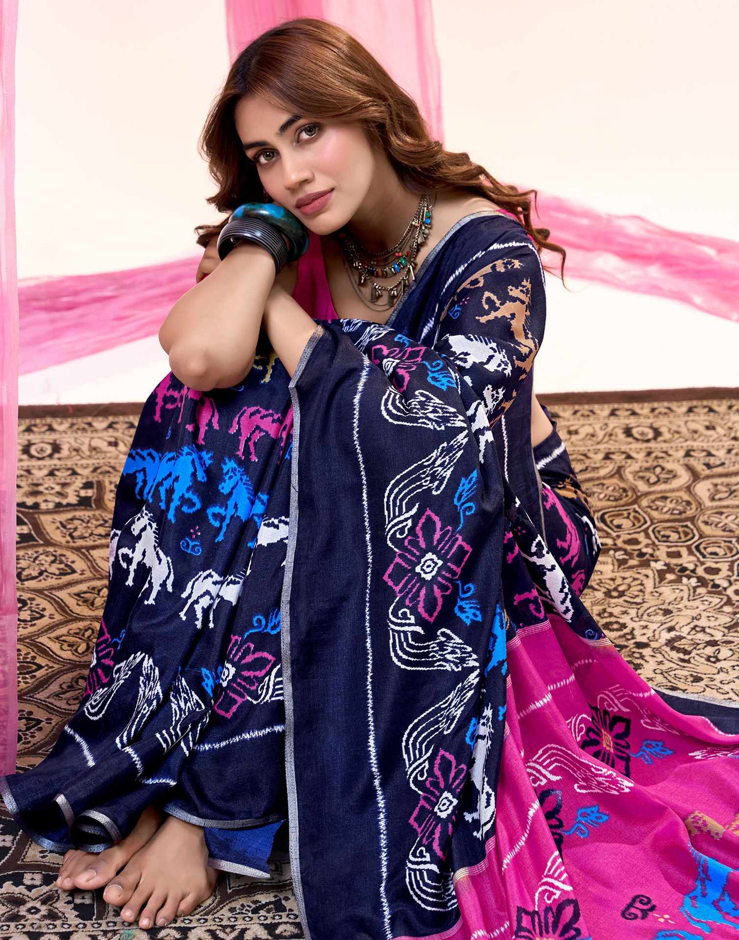 Navy Blue Cotton Silk Printed Saree