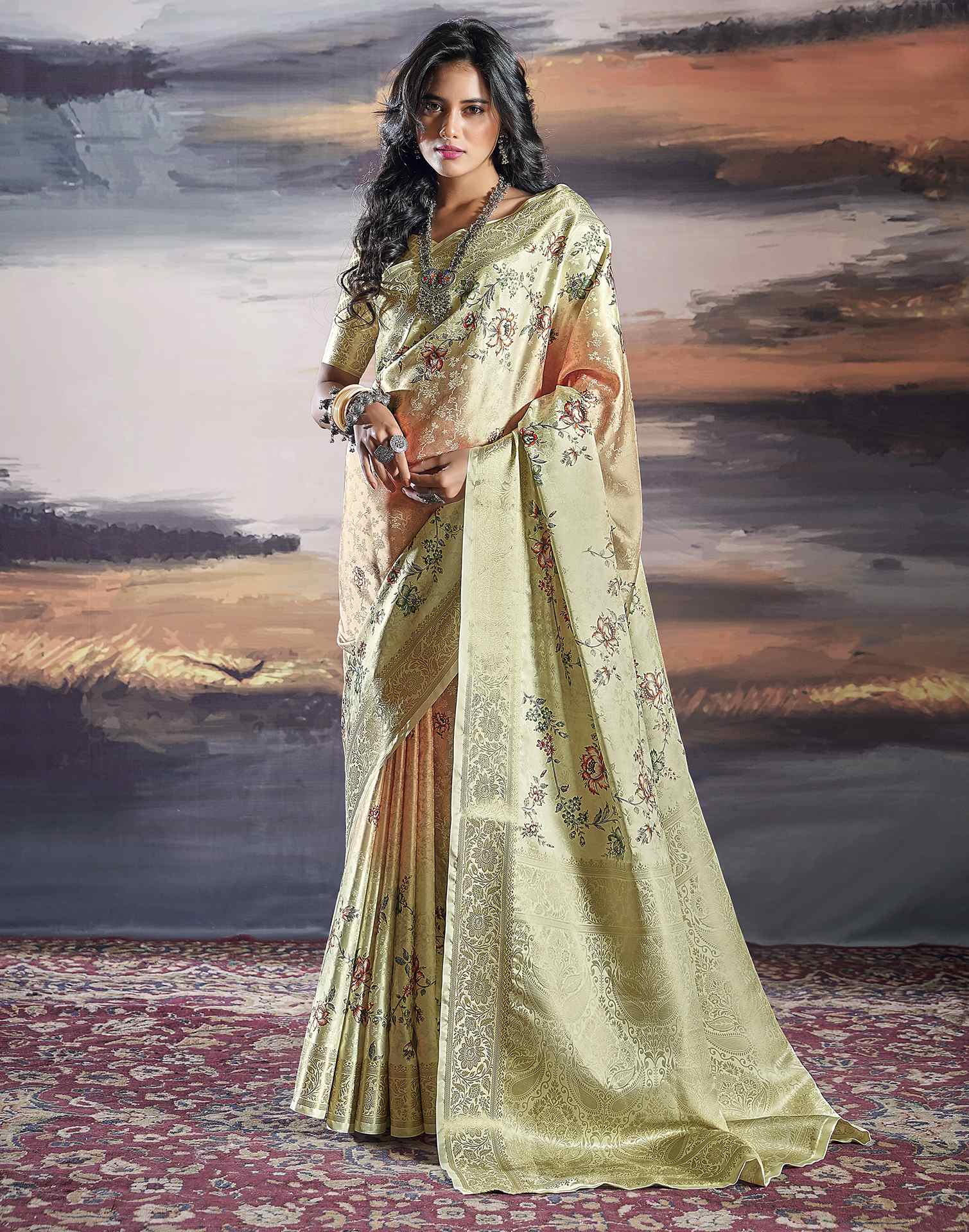 Cream Silk Printed Saree