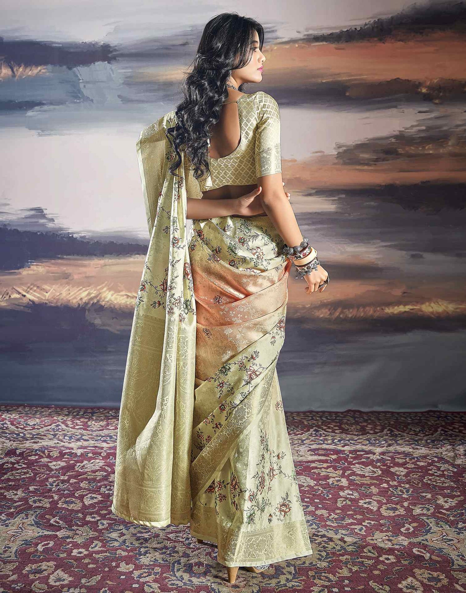 Cream Silk Printed Saree