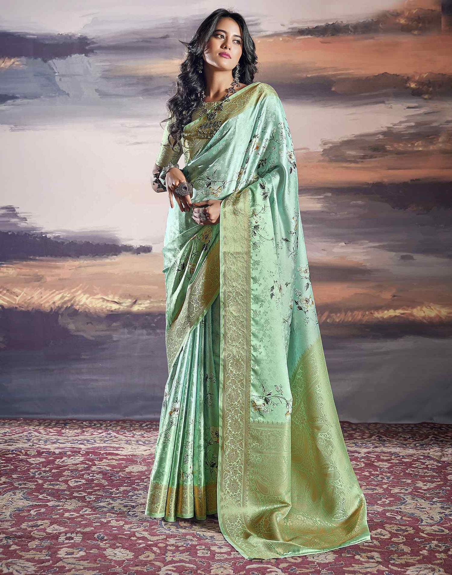 Turquoise Silk Printed Saree