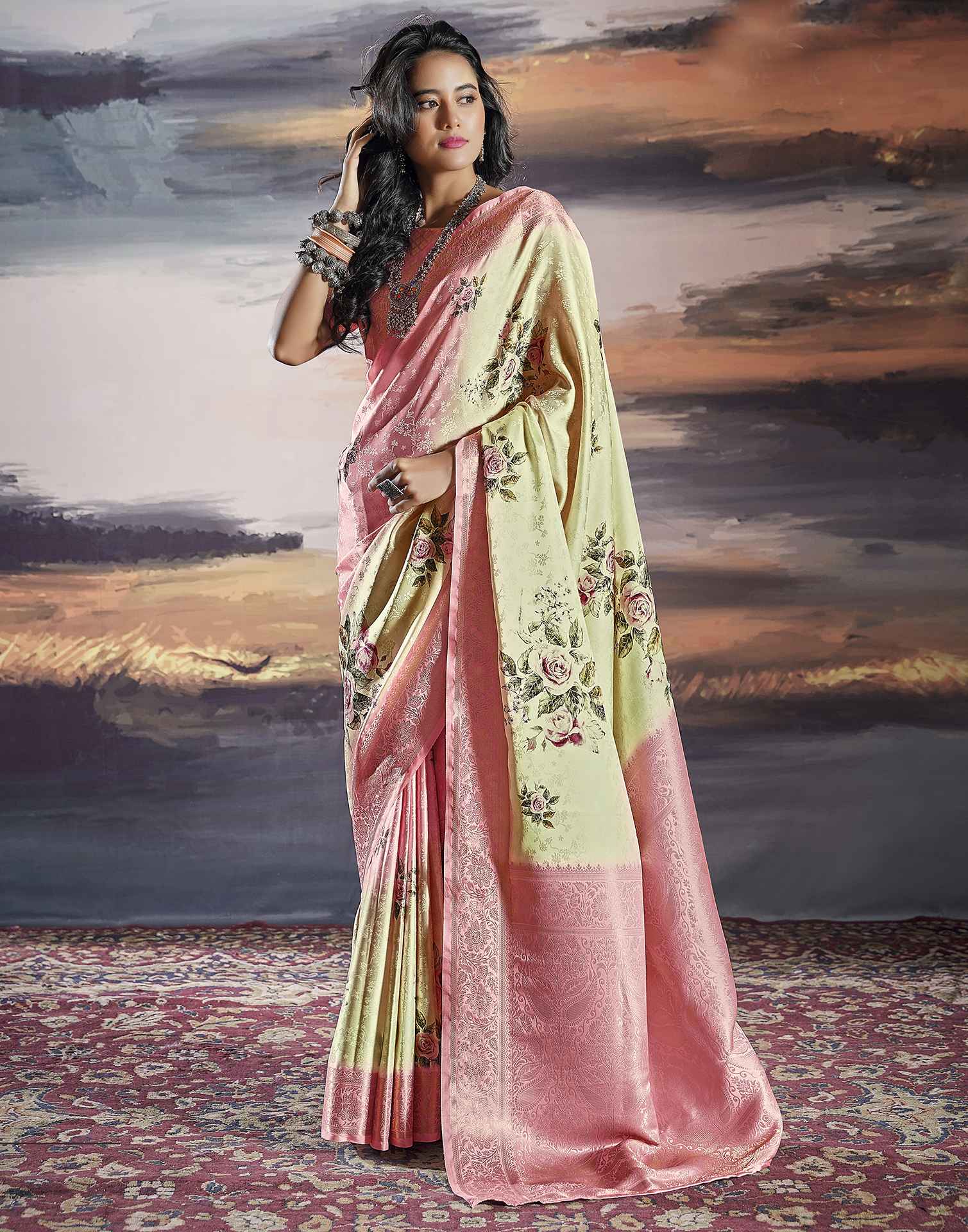 Light Pink Silk Printed Saree