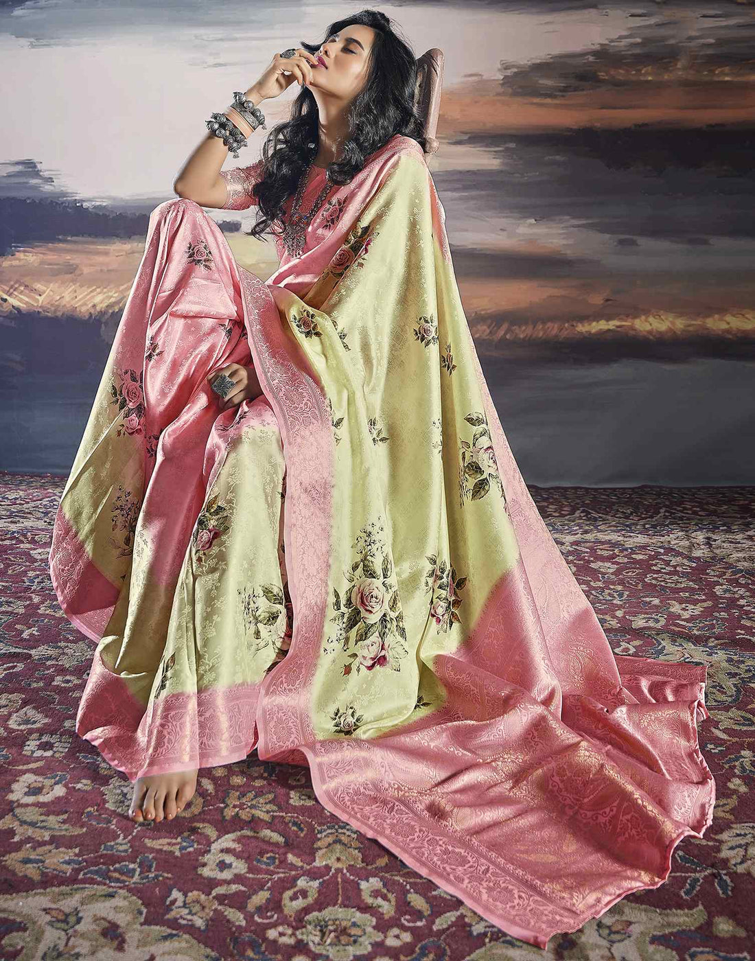 Light Pink Silk Printed Saree