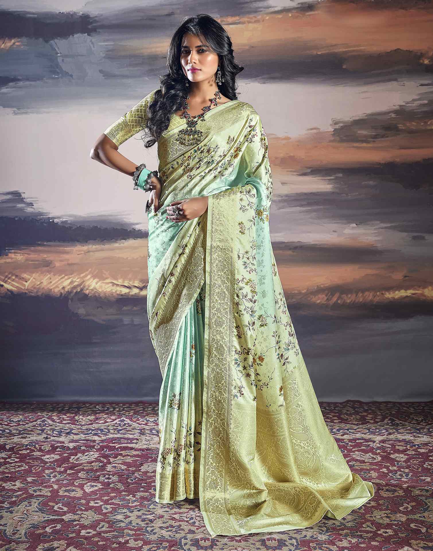 Light Pista Green Silk Printed Saree